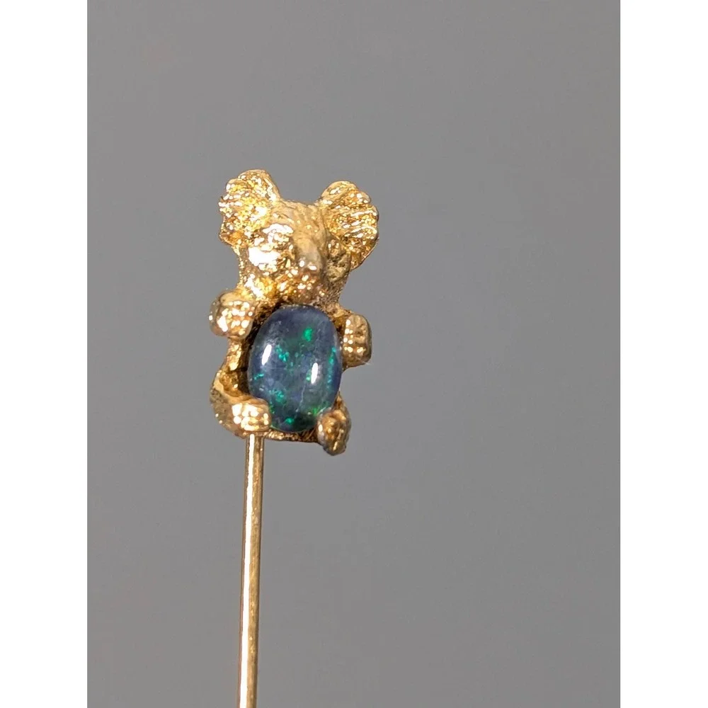 Vintage Gold Tone Koala Bear Faux Opal Stick Pin Lapel Hat Tie Pin